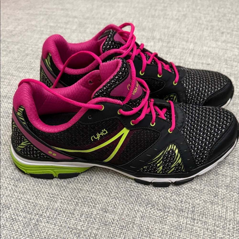 Ryka Vida RZX Black and Pink Athletic Shoes with Lime Accents
